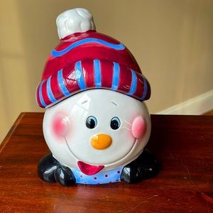 Snowball Cookie Jar Ceramic Christmas Winter Small Pom Pom Hat Face
